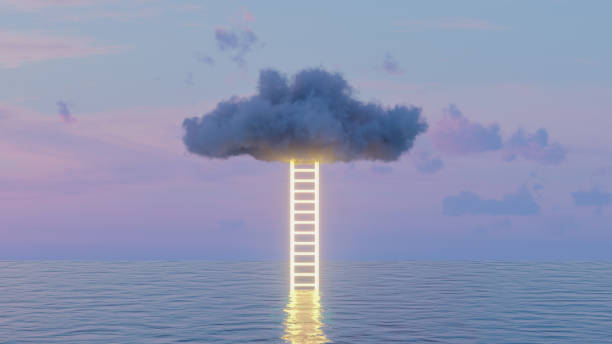Neon Lighting Staircase to Clouds over Sea stock photo