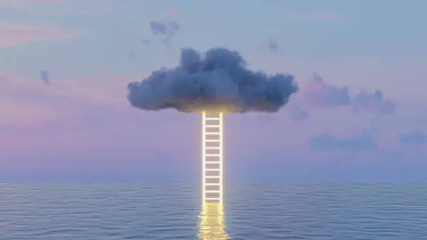 Photo of Neon Lighting Staircase to Clouds over Sea