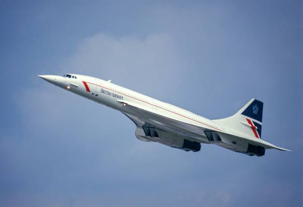 British Airways Concorde, Farnborough International Airshow, September 10th, 1986 Farnborough, United Kingdom – September 10, 1986: Concorde making a pass at an airshow rolls royce stock pictures, royalty-free photos & images