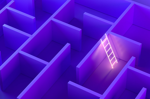 Labyrinth, maze with neon lighting staircase. Footpath, choices, problems, strategy concept.