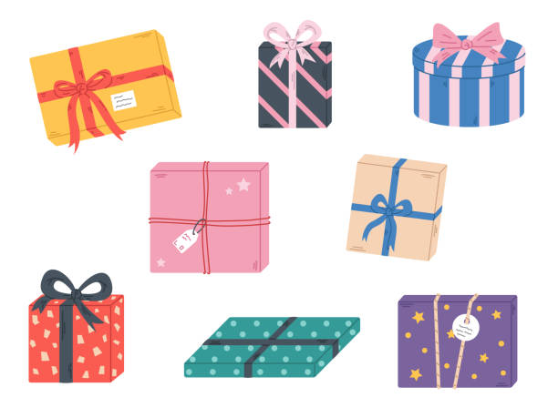 illustrations, cliparts, dessins animés et icônes de ensemble vectoriel avec coffrets cadeaux. présente avec ruban, corde et arc. cadeaux avec étiquettes. illustration mignonne avec des cadeaux rayés ou à pois pour noël, anniversaire ou autre célébration en design plat. cadeau avec des étoiles. - gift purple turquoise box