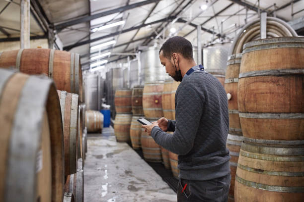 istock Winery, smartphone and business owner man using phone for b2b networking, website review or contact information chat app. Entrepreneur, seller or supplier typing on cellphone for alcohol wine cellar 1438359619