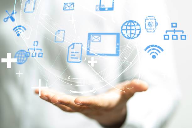 istock Person presenting a virtual projection of information systems 1438359994