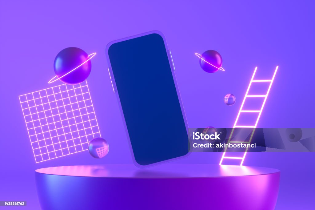 Empty Screen Transparent Smart Phone with Flying Objects Empty screen transparent smart phone with flying objects. Mobile application presentation mockup neon lighting background with geometric shapes, 3d render. Telephone Stock Photo
