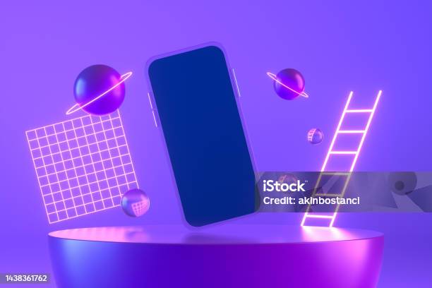Empty Screen Transparent Smart Phone With Flying Objects Stock Photo - Download Image Now