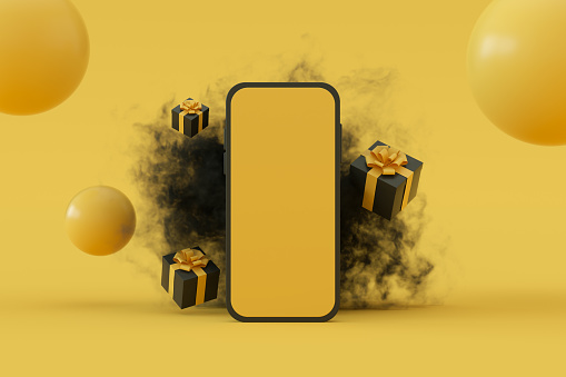 Blank screen smart phone. Black Friday concept. Yellow background.