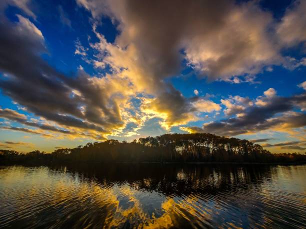 istock Beautiful reflection of sunset clouds in a lake 1438363626