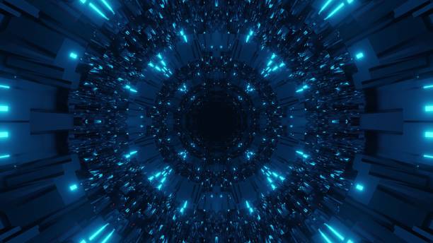 istock Cosmic background with dark and light blue laser lights - perfect for a digital wallpaper 1438363645