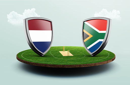 South Africa vs Netherlands cricket flags with shield on stadium 3d illustration
