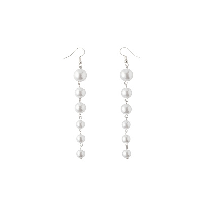 Long pearl dangle earrings with fish hook backs isolated on white background