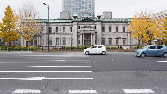Osaka, Japan - December 12 2019 : Front view of Bank of Japan Osaka Branch Old Building, Medium Shot, Eye Level View