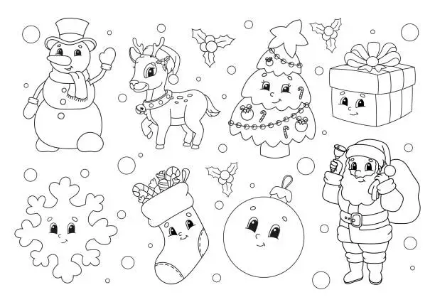 Vector illustration of Coloring book for kids. Winter clipart. Cheerful characters. Vector illustration. Cute cartoon style. Black contour silhouette. Isolated on white background.
