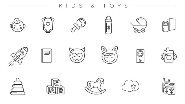 Kids and Toys black line icons on the alpha channel.