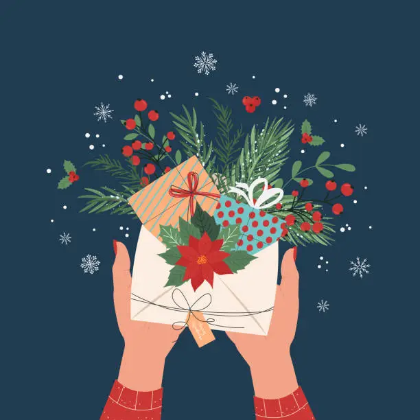 Vector illustration of Christmas card with New Year illustration of a girl holding an envelope with presents, Christmas tree branches, poinsettias, red berries. Vector