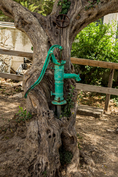 Old hand water pump on a well in the garden, watering and saving water in Austria. Old hand water pump on a well in the garden, watering and saving water, rural environnement. old fashioned well hand pump stock pictures, royalty-free photos & images