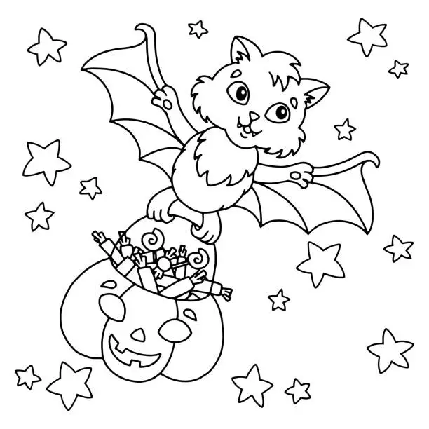Vector illustration of A cute bat carries a pumpkin basket with sweets. Halloween theme. Coloring book page for kids. Cartoon style. Vector illustration isolated on white background.