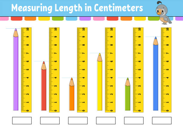 Measuring length in centimeter with ruler. Education developing worksheet. Game for kids. Color activity page. Puzzle for children. Cute character. Vector illustration. cartoon style. Measuring length in centimeter with ruler. Education developing worksheet. Game for kids. Color activity page. Puzzle for children. Cute character. Vector illustration. cartoon style. ruler illustrations stock illustrations