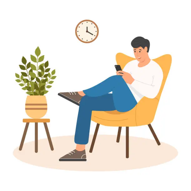 Vector illustration of Guy sitting in a chair with a phone. Flower in a pot on a stand.