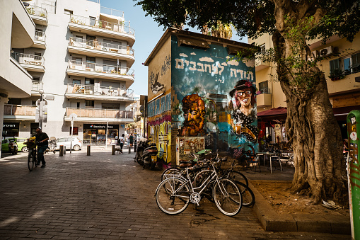 Florentin, Tel Aviv, Israel- October 14, 2022. Street view of Florentin, Neighborhood in Tel Aviv, Israel. Up-and-coming part of the city, Florentin owes its hipster vibe to many bohemian cafes and its laid-back bars and galleries.