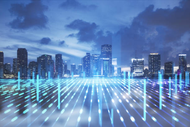 istock Creative glowing city skyline with abstract metaverse wallpaper. Digital future and cyberpunk concept. Double exposure. 1438376320