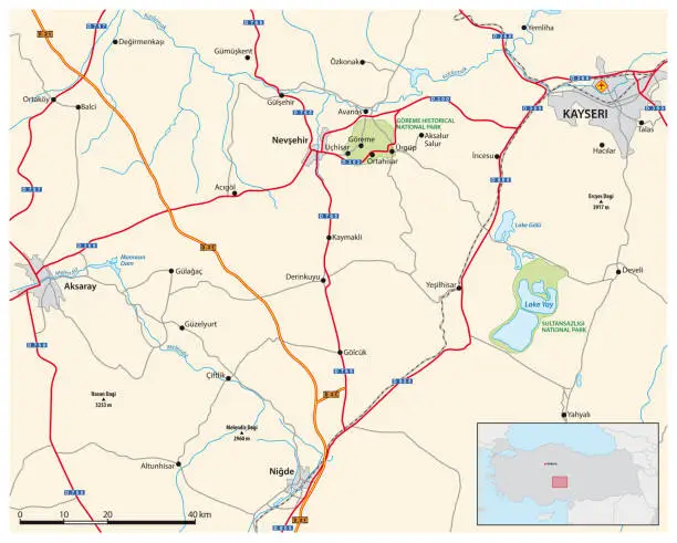 Vector illustration of Vector road map of the Central Anatolian Landscape of Cappadocia, Turkey