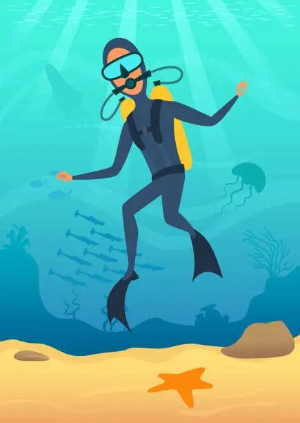 Vector illustration of Diving. male character with scuba underwater swimming and exploring ocean. vector background