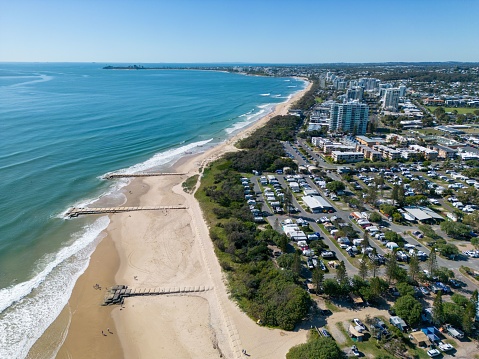 A beautiful aerial view of the city at the coastline in Maroochydore, Queensland