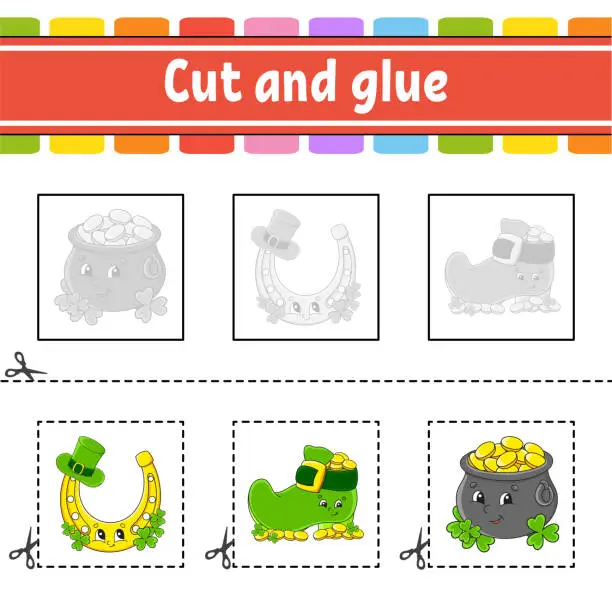 Vector illustration of Cut and glue. Game for kids. Education developing worksheet. Color activity page. cartoon character. St. Patrick's day.