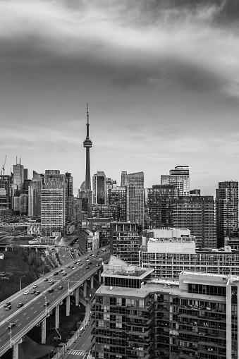 View of Toronto city on cloudy day in black and white