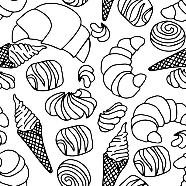 bezszwowy wzór z wieloma słodyczami rogaliki, lody, cukierki, beza. ręcznie rysuj ilustrację wektorową. - seamless croissant pattern ice stock illustrations