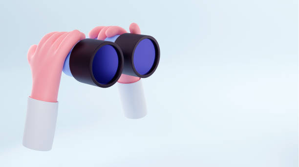 Hands hold binocular and look through them. Render illustration for search engine or research, web surfing. Trendy 3d background for website, ui or advertisment banner design.