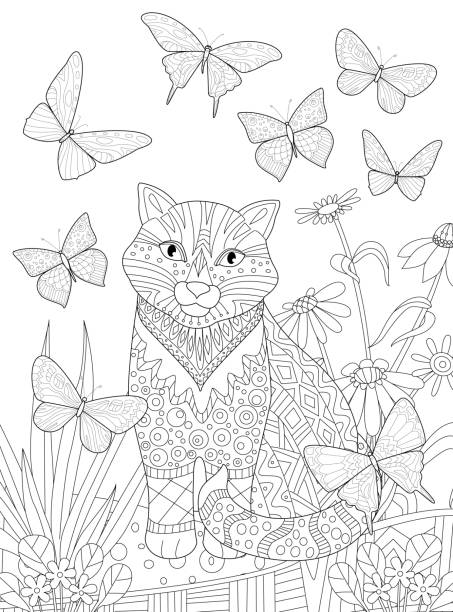 ilustrações de stock, clip art, desenhos animados e ícones de coloring book page. a cat sitting in a flowering meadow. black and white vector illustration of kitty with flying butterflies - summer backgrounds line art butterfly