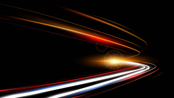 ilustrações, clipart, desenhos animados e ícones de ilustração vetorial de luzes dinâmicas aceleram estrada em fundo escuro. trilhas de luz de carros de longa exposição em túnel rodoviário. abstração noturna. - long exposure flash