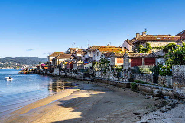 Fishing village of Combarro with the typical granary horreos. Galicia, Spain. stock photo