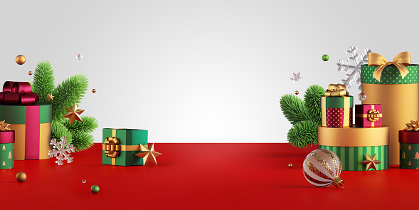 3d render. Festive scene with Christmas ornaments, green spruce and gift boxes, isolated on white background with red floor. Showcase with empty podium for product presentation. Horizontal banner