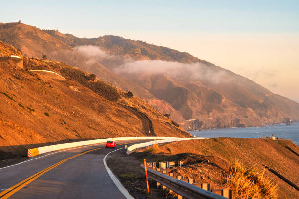 Big Sur, United States - February 18 2020 : the impressive californian coast line of the pacific ocean at Big Sur during a road trip
