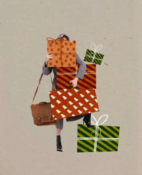 Photo of Contemporary art collage. Young woman holding many holiday presents, boxes in wrapping paper. Gifts