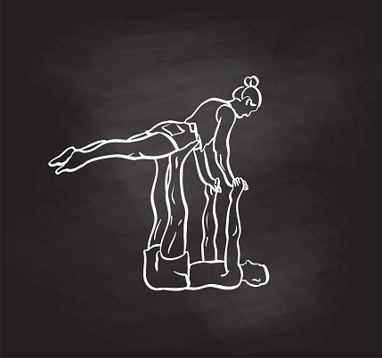 Couple doing fun exercises in the park together in the style of contact dance.  Sketch illustration in vector format.