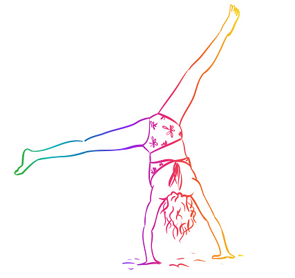 Rear view of a girl in her bikini doing a cartwheel at the beach.  Sketch illustration in vector format