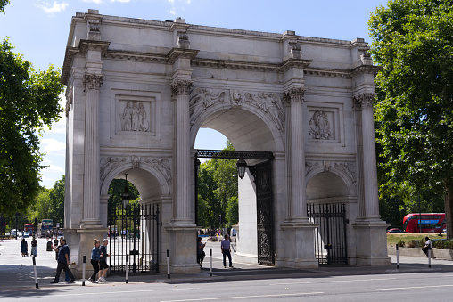 Monument Marble Arch at City of London on a sunny summer noon. Photo taken August 5th, 2022, London, United Kingdom.