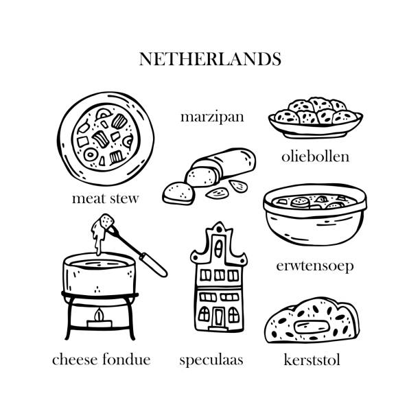 stockillustraties, clipart, cartoons en iconen met vector set of illustrations of dutch christmas dishes. new year. traditional food of the netherlands. - oliebol