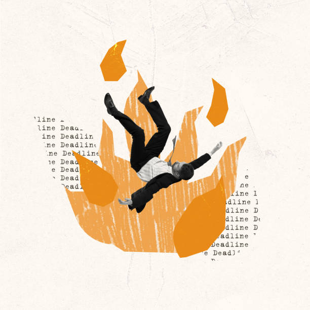 Contemporary art collage. Creative design in retro style. Businessman in a suit falling down into burning deadlines