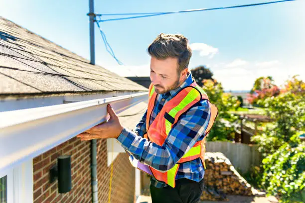 Photo of man standing on steps inspecting house roof