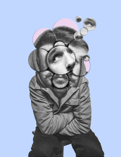 istock Contemporary art collage. Creative design. Man with diverse head made from different face pieces. Overthinking 1438389826