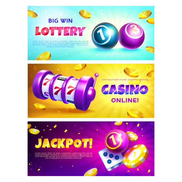 Lottery banners with realistic balls, slot machine and casino chips Lottery banners with realistic balls with winning combination numbers. Gambling games poster with slot machine with lucky three sevens jackpot, gold poker and casino chips and flying shiny coins. jackpot text stock illustrations