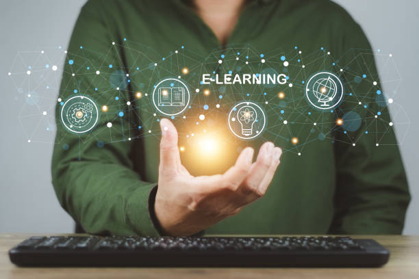istock e-learning and education concept, man's hand showing icons, learning through a technological medium or online. that reduces the constraints on time and place of study 1438391555