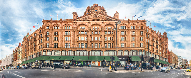 LONDON - APRIL 11, 2022: The famous Harrods department store located on Brompton Road in Knightsbridge, London, England, UK