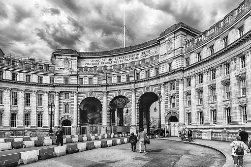 LONDON - APRIL 11, 2022: Admiralty Arch, landmark building providing road and pedestrian access between The Mall and Trafalgar Square, London, England, UK