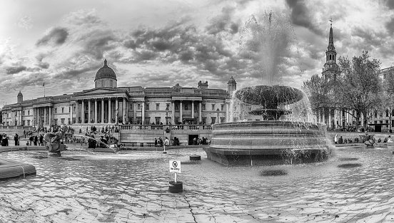 Trafalgar Square Fountain on a Sunny Autumn Day, October 31, 2023 London, England