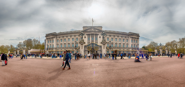 LONDON - APRIL 11, 2022: Scenic view with the facade of Buckingham Palace, London royal residence of the monarch of the United Kingdom